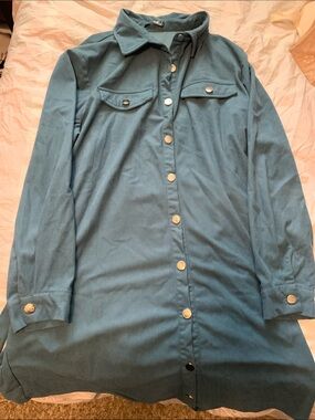 Teal Long Snap-Front Trench Coat